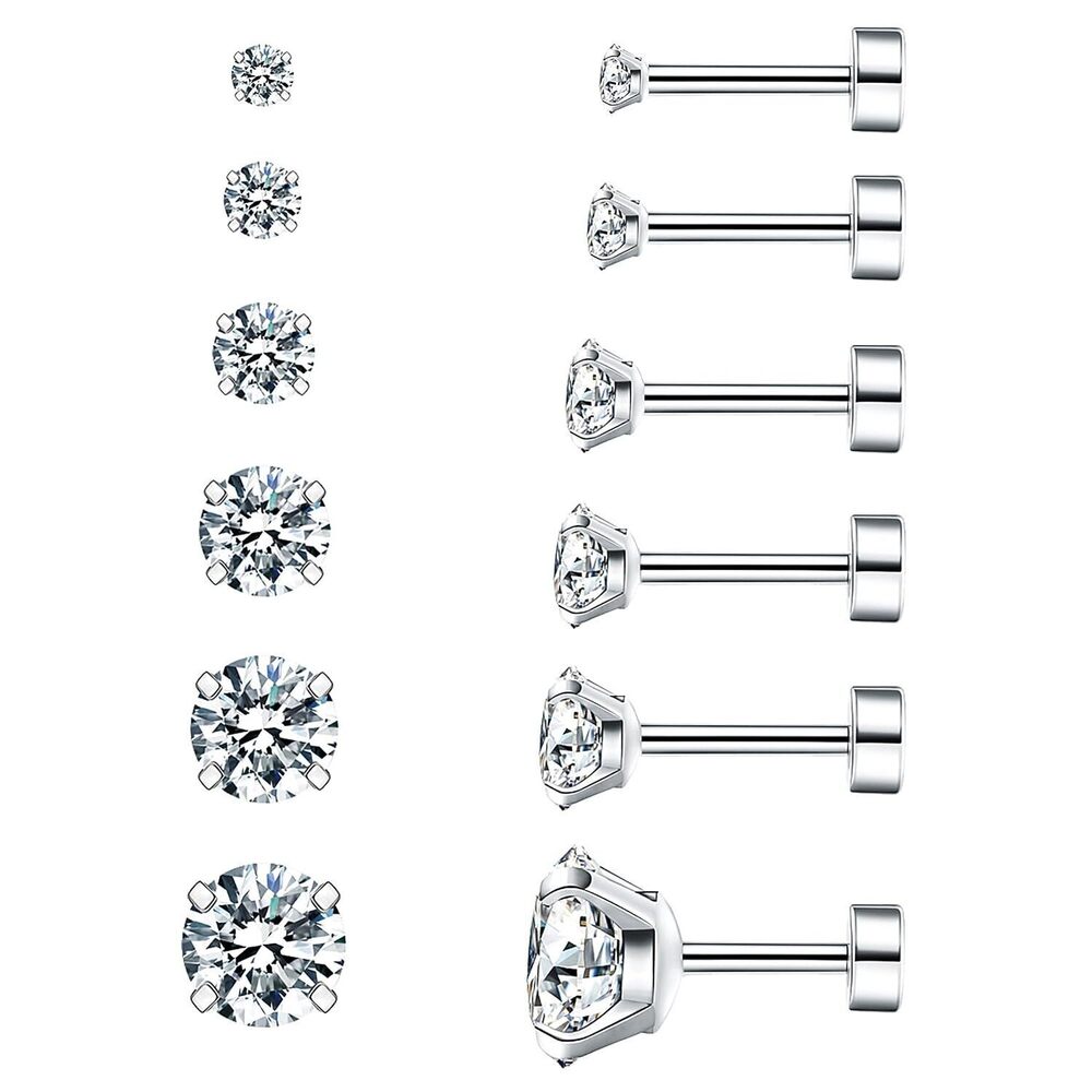 6 Pairs Hypoallergenic Cubic Zirconia Earrings Surgical Steel Flat Back Studs